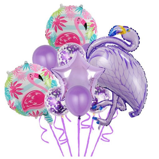 Set Baloane party aniversare, ANGELBEAR, din Folie de aluminiu si Latex, set din 10 baloane Flamigo Party, 1 stea, 5 baloane latex, 2 rotunde, 60 -90 cm, Mov